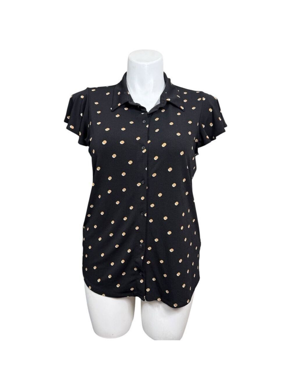 Adrianna‎ Papell Polka Dot Blouse Women’s Large Black Flutter Sleeve Top